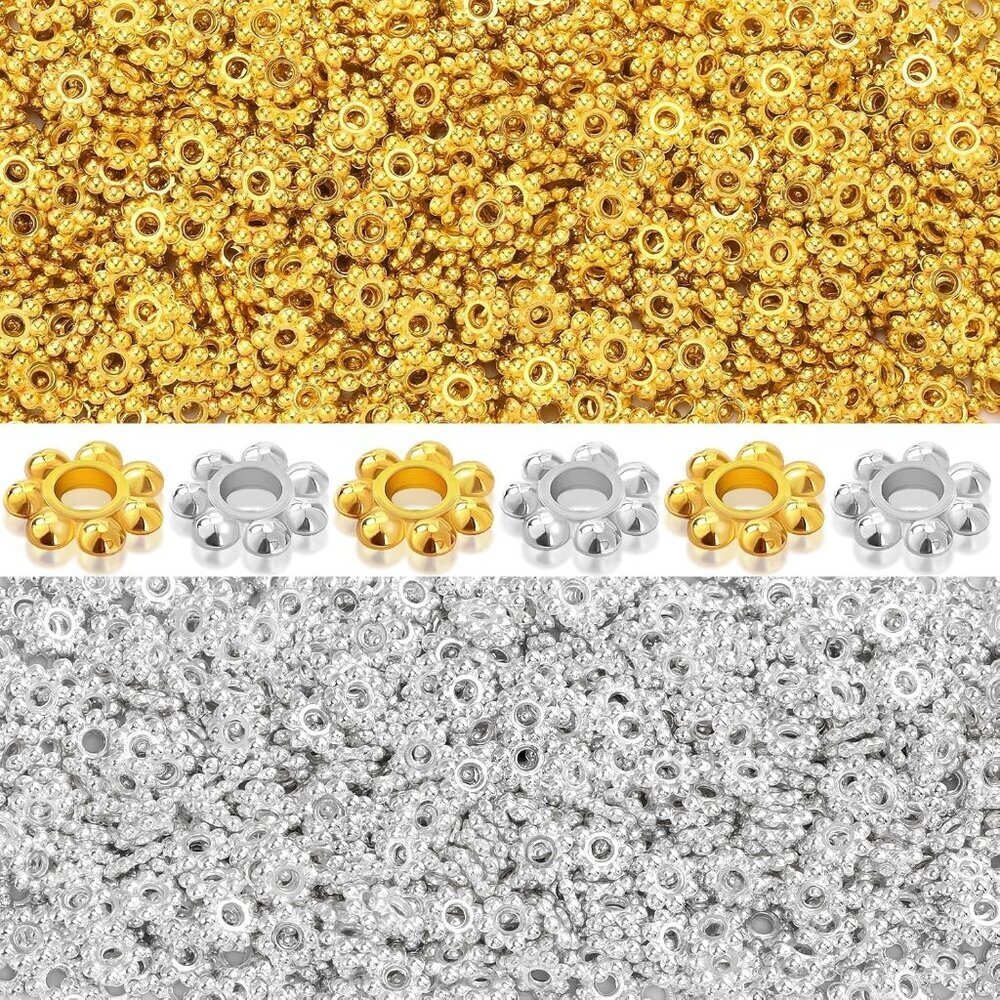 700 Pcs Flower Spacer Beads, 6 mm Silver and Gold Daisy Spacer Beads for Jewelry